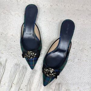 J.Crew blue plaid pointed toe rhinestone kitten heel mules - size 8 1/2 NWOT